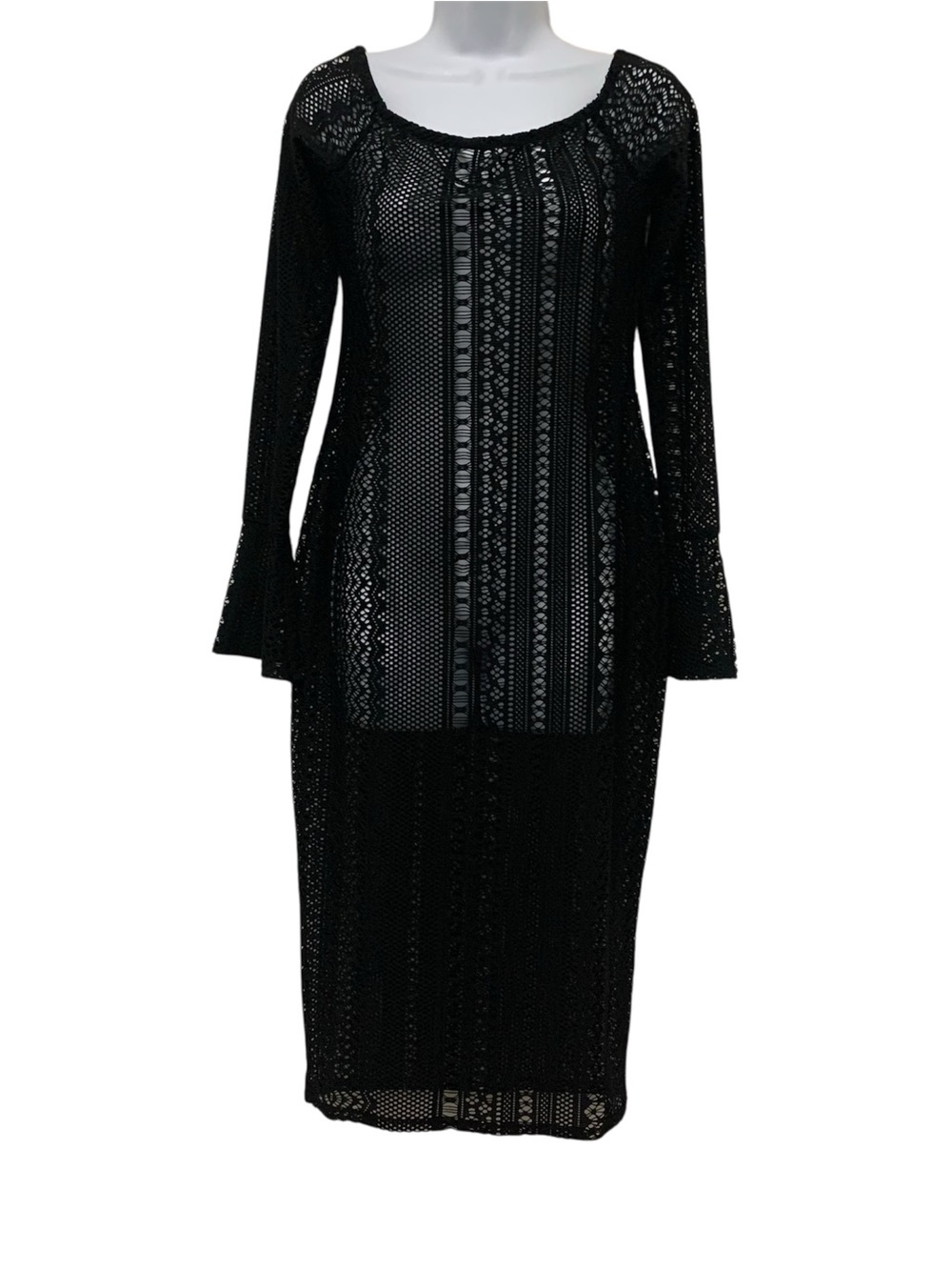 Gibiu USA Black Open Knit Mesh Midi Dress Women’s XL Bell Sleeve Sheer Boho